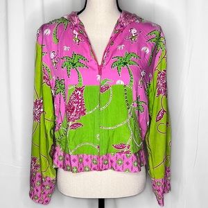 Tropical Pink and Lime Green Light Weight Zip Up Hoodie Jacket Size: S